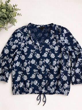 Counterparts Navy Floral V-Neck Drawstring Blouse